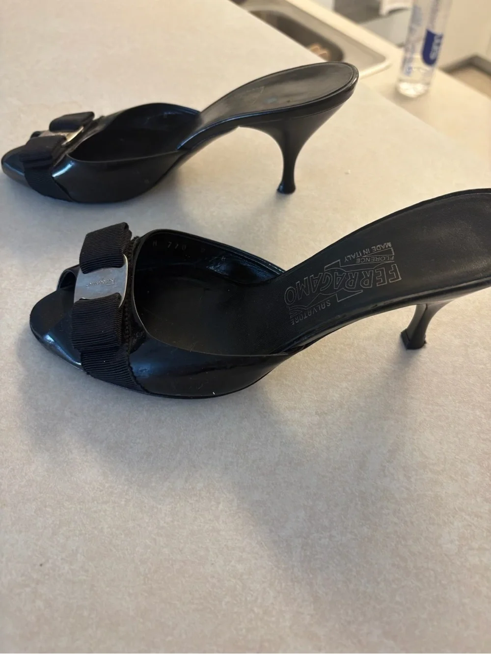 Salvatore Ferragamo Black Patent Vara Bow Open-Toe Mules